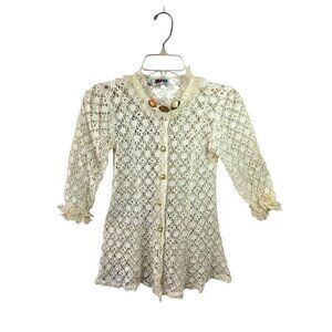 Bona Kids 80s Lace Knit Sweater Dress Girls Sz 12/14 Ivory ButtonUp Lace Neck